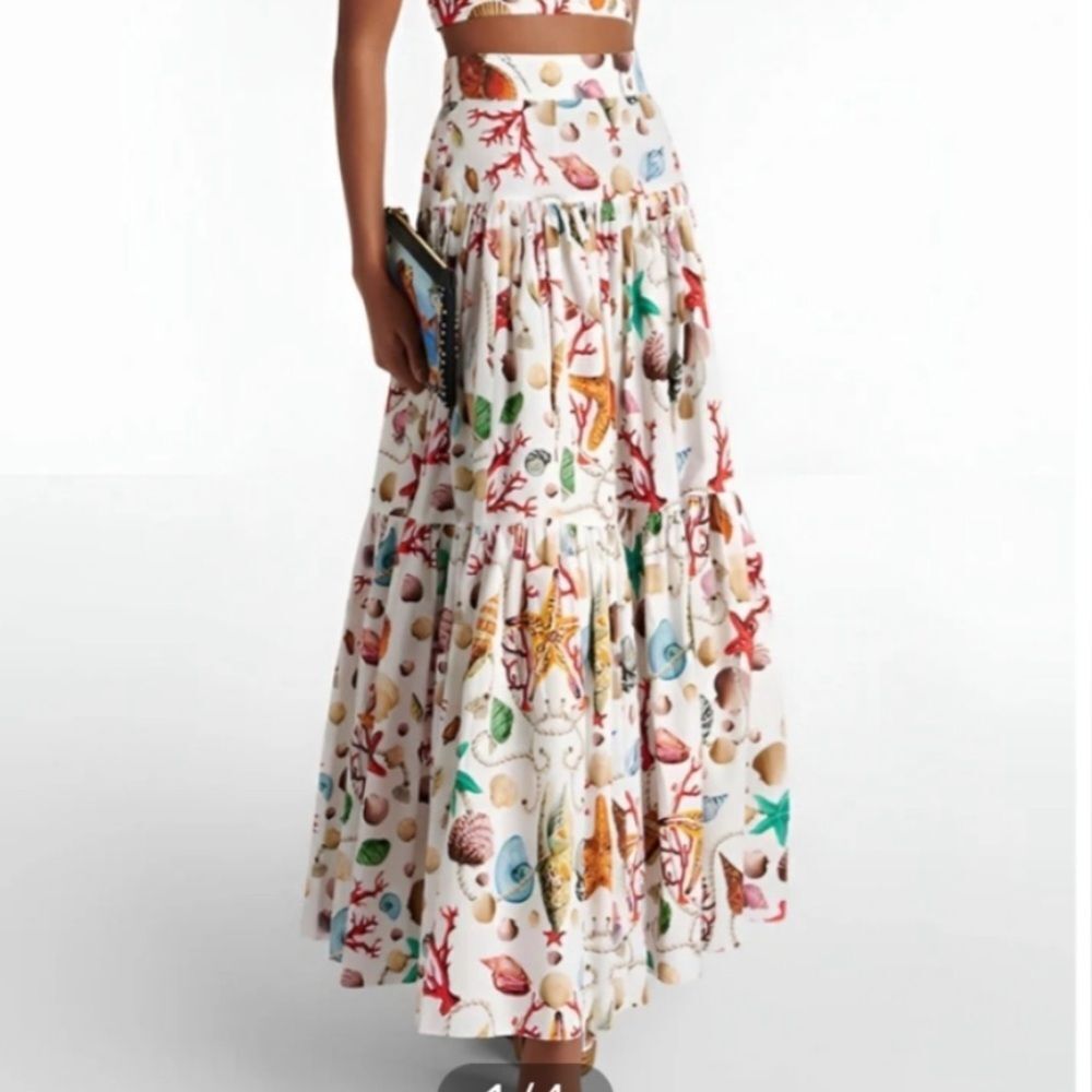 Commense Cream Maxi Skirt with Multicolor Sea Life Print